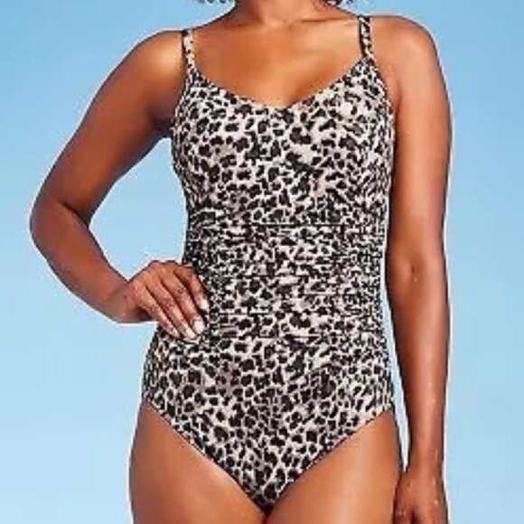 Aqua Green Shirred Side Front One Piece Low V Neck Leopard Spot Swimsuit NWT S - Picture 3 of 12